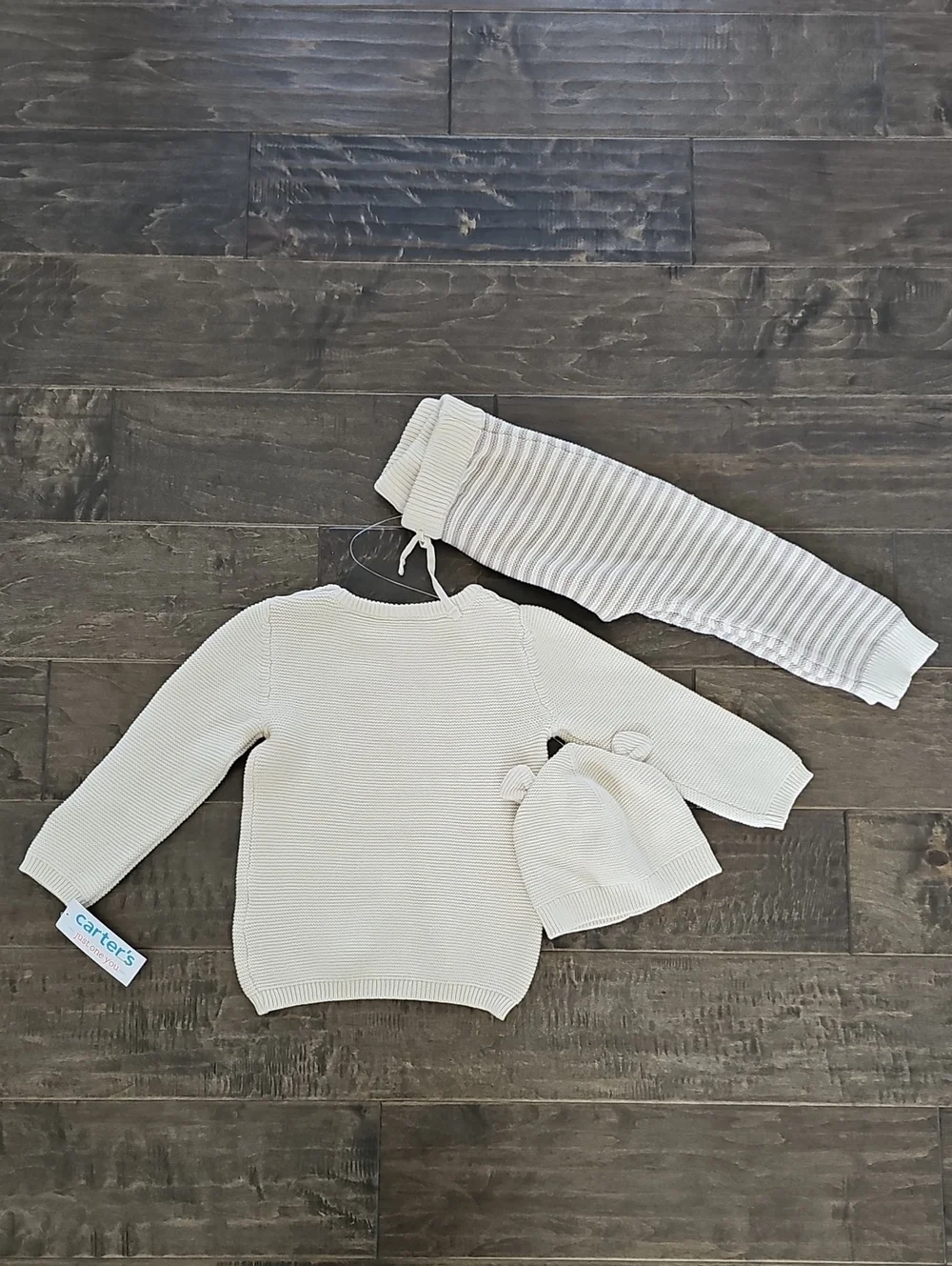 Brand New Carter's Cream Knit Bear Sweater, Striped Pant & Hat Set - Unisex 18mo